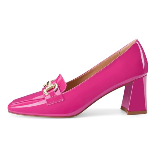 Image of Womens Mid Block Chunky Heeled Loafers Closed Square Toe Patent Leather Comfortable Slip On Pumps Metal Chain Basic Classic Casual Work Office Dress Shoes 2.8 Inches Heels