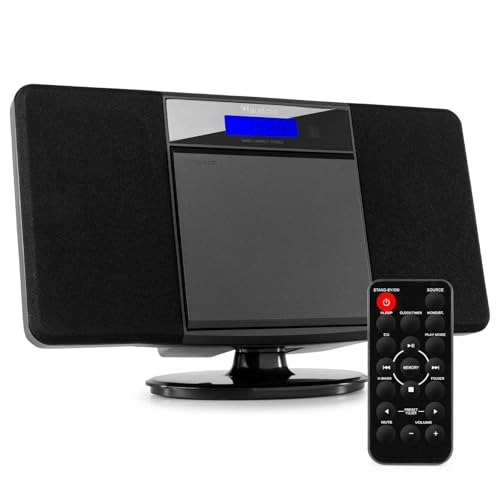 Audizio Nimes Home Sistema estéreo HiFi con Bluetooth, Reproductor de CD, MP3 USB, sintonizador de Radio FM, Incluye Mando a Distancia, X-Bass, Conexion de Auriculares - Negro