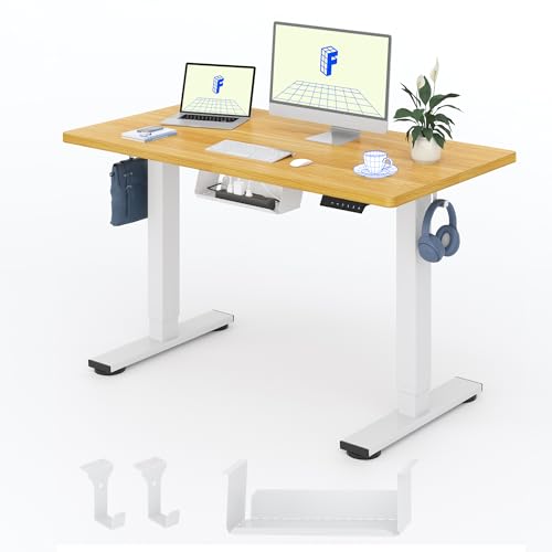 FlexiSpot Höhenverstellbarer Schreibtisch Basic–Mit Kabelmanagement, Haken und EINTEILIGER Tischplatte, Ergonomischer Homeoffice-Tisch, Bürotisch (120x60cm, Ahorn)