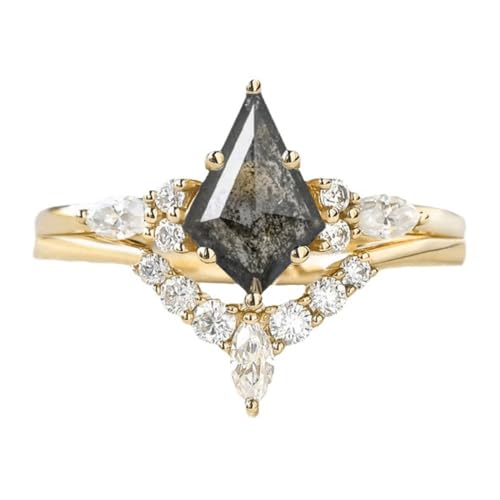 Black Rutilated Quartz Ring Set Salt and Pepper Diamond with Moissanite Engagement Rings for Women S925 Sterling Silver 10K 14K 18K Black Rutilated Quartz Wedding Ring Set for Women Promise for Her