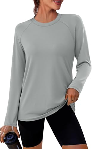 WIHOLL Long Sleeve Workout Tops for Womens Sun Shirts UV Protection Rash Guard Comfortable Moisture Wicking Pilates Outfits Fall Fashion Must Haves Grey S