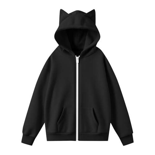 FUPODD Sweatjacke Damen Oversize Katze Ohr Jacke Damen Winter Hoodie Sweatshirt Mit Ohren Kapuze Winterjacke Warm Kapuzenpullover Einfarbig Sportjacke Mit Taschen Kapuzenjacke Zipper Mantel Frauen
