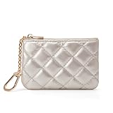 LARENNT Quilted Leather Coin Purse with Keychain - Small Coin Pouch Key Pouch Small Card Holder Keychain Wallet Change Purse for Women and Men (Champagne Silver)
