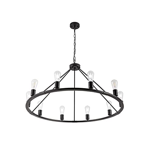 Lustre roue de wagon noir mat pour créer une ambiance chaleureuse de ferme rustique