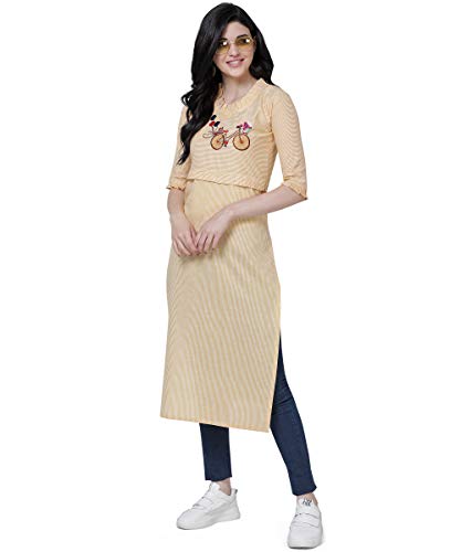 Image of EthnicJunction Women's Pinstripe Cotton Blend Cycle Embroidery with Ruffle Lace Work Straight Kurti