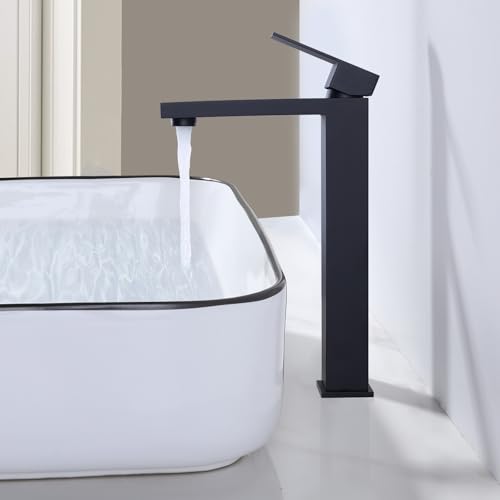 ARCORA Grifo de Lavabo Alto con Poignée Cuadrada, Grifo de Lavabo Extra Alto con Maneta Única, Altura de Caño de 252mm, en Acero Inoxidable, para Lavabos de Encimera, Negro