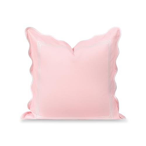 Hofdeco Premium Coastal Grandmillennial Scalloped Patio Indoor Outdoor Throw Pillow Cover Only, 20"x20" Water Repellent for Backyard, Couch, Poolside, Blush Pink Embroidered Frame by Hofdeco Premium - Used condition - US$23.35