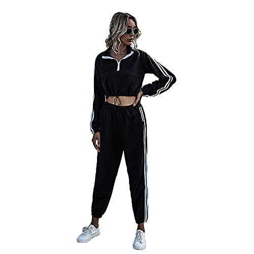 XINWANG Damen Trainingsanzüge Set 2-in-1 Casual Sets 2PCS,Langarmshirt mit Kapuze, Enge Lange Hose Skin,Black-L Cover