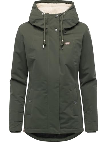Ragwear Damen Kurzmantel warme wasserdichte Winterjacke mit kuscheliger verstellbarer Kapuze Alvena YOUMODO Dark Olive Gr. M