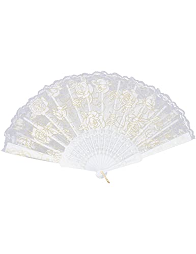 Eosau Lace Rose Floral Folding Fan Chinese Retro Handheld Fans Elegant Hand Fan For Weddings Dancing Cosplay Parties (White) #TOP29