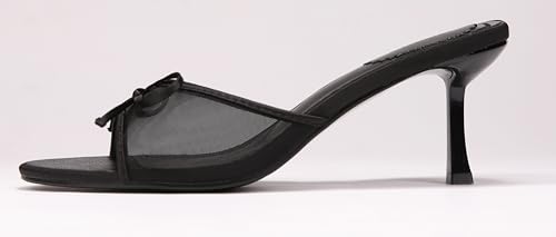 Womens Kitten Heels Bow Mesh Sandals Round Open Toe Slip On Low Slide Heeled Sandal Black2