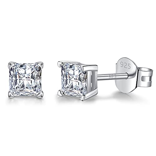 LUCKMORA 925 Sterling Silver Cubic Zirconia Earrings Studs for Men Princess Cut CZ Rectangle Square Hypoallergenic Nickel Free Earrings for Women (Princess Cut-4mm W)