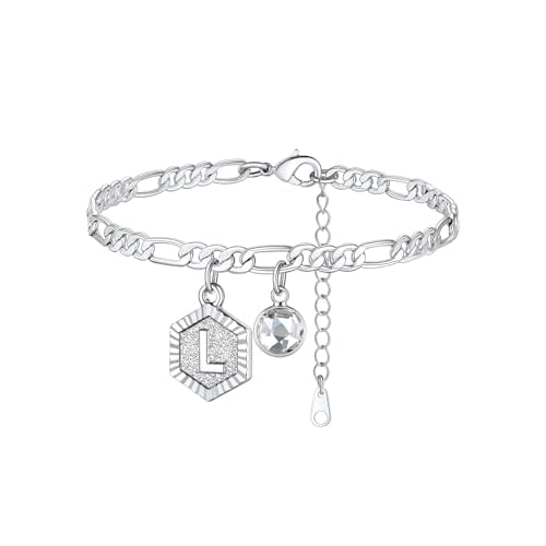 Custom4U Personalized Initial Ankle Bracelets for Women 14K Gold Plated Dainty CZ Birthstone Heart/Hexagon Letter Initial Anklets for Women Adjustable Silver/Gold Foot Chain Summer Beach Jew