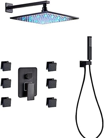 CWCQGH Black Bronze Shower Set Wall Mounted Rainfall Shower Faucet Mixer 6pc Body Massage Jet Bathroom Shower Tap with Handshower,12 Inch Showerhead,10 Inch Showerhead