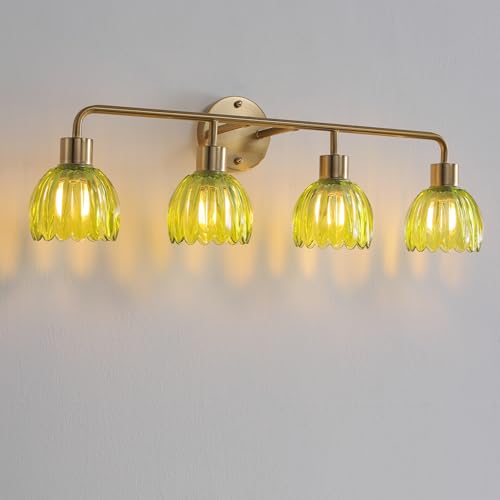 Image of 4-Light Gold Brass Bathroom Light Fixture,Wall Sconces,Brushed Gold Vanlity Light Over Mirror,Bathroom Vanity Light with Green Glass Flower Shade,E26 Socket(Bulbs Not Included)