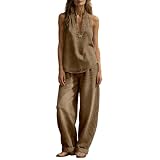 Dasongff Ensemble Femme Chic et Elegant Gilet en Jean avec Boutons col Halter sans Manches et Pantalon à Jambes Larges Ensembles en Jean pour Femme à col Licou Costume Tailleur Deux Pièces Pas Cher