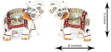 Marble Elephant Pair (Big) with Golden Meenakari Work for Decoration and Pooja for Home & Office (Multi,15x8.5x12.5)
