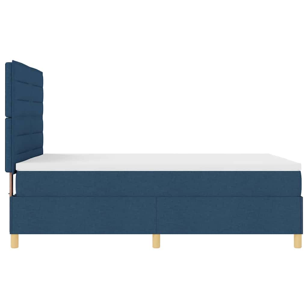 Cama con somier de 140 x 200 cm, tejido azul, con cabecero, colchón de muelles ensacados, madera maciza de pino, diseño moderno de dormitorio para parejas