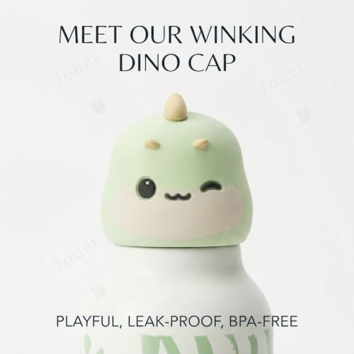 Image of JOUET Kids Stainless Steel Water Bottle 280ml with Cute Green Dinosaur Character Lid, Leakproof Drinking Bottle for School, Travel & Daily Use