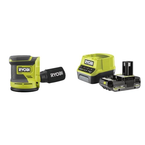 Ryobi - Ponceuse excentrique 18V - oscillation 2,4 mm avec système d'aspiration de poussières - patin diam, 125 mm - 22 000 osc/min - Livrée avec 23 abrasifs - 1 batterie 2Ah et 1 chargeur rapide