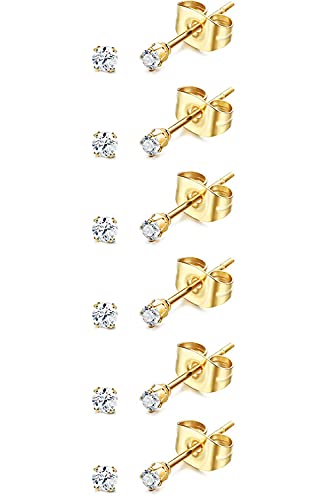 14K Gold Filled Polished Small CZ Pearl Ball Stud Earrings Set for Women Men 20G Surgical Steel Hypoallergenic Piercing Studs for Sensitive Ear, Pack of 6 Pairs