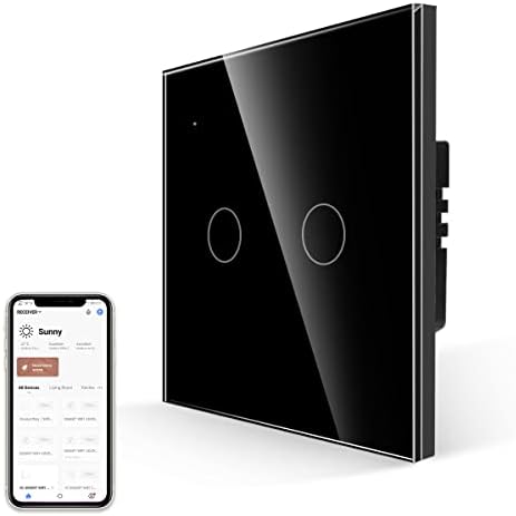 JIMEIDA Smart Light Switch Work with Alexa, Google Home, Smart Life App, WiFi Touch Switch with LED Backlight, Neutral Required, Modern Timer Switch Black Glass Panel - 1-Gang