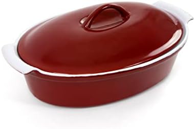 Hell's Kitchen Enameled Stoneware Oval Covered Casserole Dish, 3.5 Quarts, Red (Oval, With Lid)
