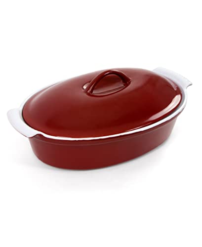 oval cookware - Hell's Kitchen Enameled Stoneware Oval Covered Casserole Dish, 3.5 Quarts, Red (Oval, With Lid)