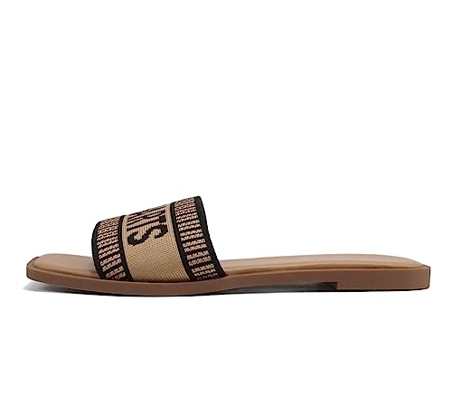 Soda “FLAIR” ~ Women Square Open Toe Single Embroider Band Slip-On Flat Summer Resort Sandal (Black/Natural, 8, us_footwear_size_system, adult, women, numeric, medium, numeric_8)