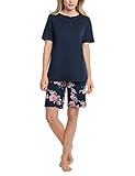 Nachtwäsche für Damen Schiesser Damen Schlafanzug kurz 1/2 Arm Oberteil und Bermuda Hose Pyjamaset, Nachtblau, 44