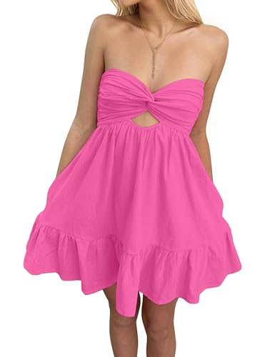 Image of Meladyan Women's Twist Knot Bandeau Tube Dress Solid Strapless Backless Mini Dresses Summer Hollow Ruffle Beach Dress