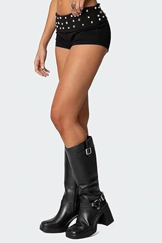 Cusghjbsg Damen Y2K Mini-Shorts mit Nieten, einfarbig, umklappbar, niedrige Taille, Skinny Micro-Shorts, Punk-Hose, Club, Streetwear, Schwarz A, S