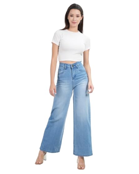 Image of Women's High Waist Wide Leg Jeans, Light Blue Denim, Stretchable Relaxed Fit