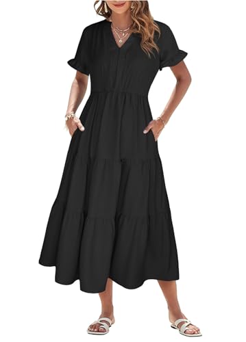 Theenkoln Sommerkleid Damen Lang V-Ausschnitt Kurzarm Strandkleid Einfarbig Rüschen Midikleid Freizeitkleider mit Taschen Schwarz M