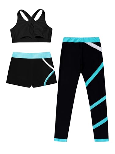 YEAHDOR 3 Pcs Dance Outfit Tracksuit for Girls Cutout Back Crop Top with Athletic Shorts Pants Set Gymnastic Yoga Suit4