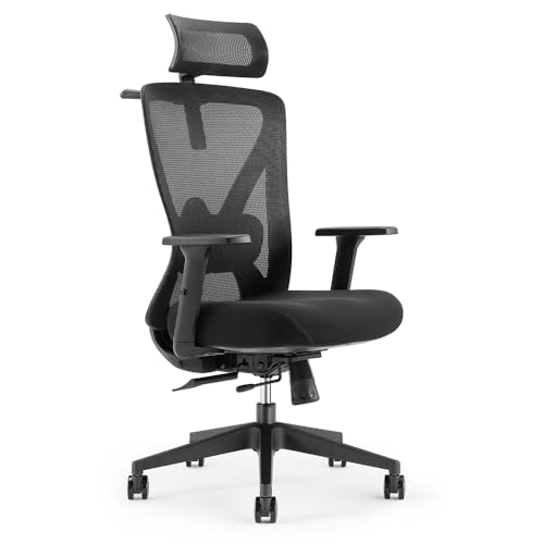 Waytex Chaise de Bureau Ergonomique Noire avec Appui-tête et Accoudoirs – Fauteuil Professionnel Réglable avec 10 Ajustements, Dossier Inclinable Synchrone et Soutien Lombaire