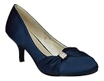 Women’s Satin Low Kitten Heel Court Shoes – Diamante Buckle Bridal Bridesmaid Prom Party Heels for Wedding-Navy 7 UK