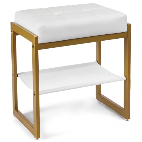 FrexCheng Vanity Stool, Faux Leather Vanity Chair Stool for Dressing Table, Modern Gold Metal Footstool Ottoman for Bedroom & Living Room, White & Gold