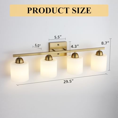 Image of Mecgirn Stainless Steel Milk Glass Vanity Lights for Bathroom, 4 Light Gold Bathroom Light Fixtures Over Mirror, Ceramic E26 Sockets Wall Mounted
