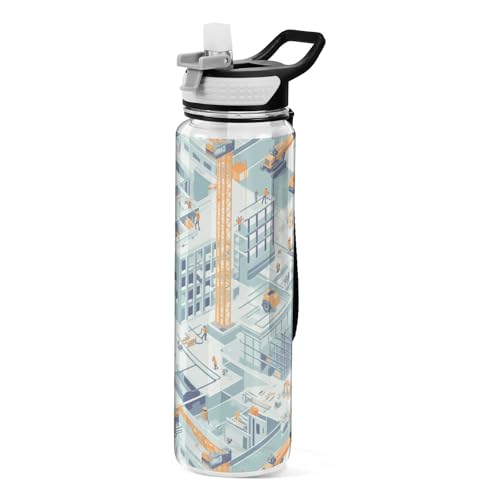 Construction Scene Build Tall Buildings Excavator Grader Sports Water Bottles Tritan Drink Water Bottle with Tritan Matrial for Outdoor Sports 32oz