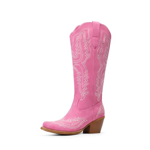 DREAM PAIRS Cowboy Knee High Boots for Women Western Retro Embroidered Cowgirl Boots Fashion Narrow Square Toe Comfortable Side Zipper Tall Boots for Ladies 6 Hot Pink