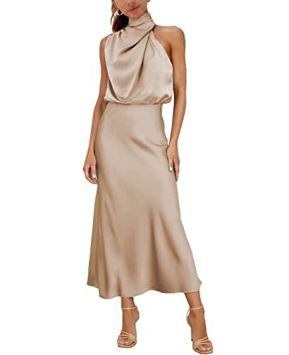 MIRGLER Womens Mock Neck Satin Elastic High Waist Wedding Guest Evening Cocktail Party Elegant Formal Maxi Dress, Champagne, Medium