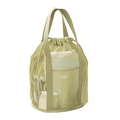 Travel storage mesh hollowed out tote bag with drawstring pockets and foldable ultra light beach wash bag