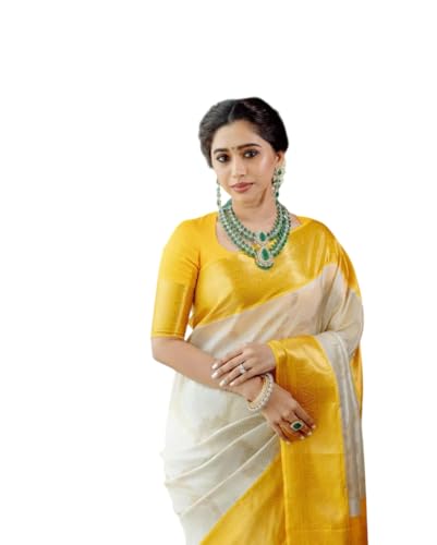 Orbexa Women Yellow & White Banarasi Soft Silk Saree with Elegant Traditional Weaving, Festive & Party Saree w