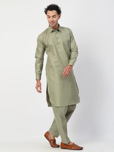 Image of Men's Traditional Pathani Kurta Salwar Set, Red, Long Sleeve, Collared Neck, Cotton Blend, Ethnic Wear