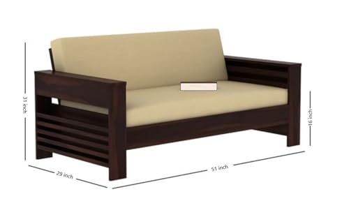 Image of Sheesham Wood 2 Seater Sofa with Side Pocket for Living Room Home || Solid Wood 2-Person Sofas Without Small Cushion Furniture for Guest Room Office (Walnut Finish)
