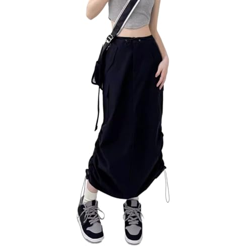 Women High Waist A Line Cargo Long Skirt with Flap Pockets Ruched Drawstring Back Split Long Skirts Streetwear Black