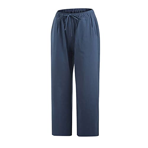 Zdrzk Wide Leg Pants For Women Lightweight Summer Pants Women Casual Cotton Linen Cropped Pants Elastic Waist Drawstring Wide Leg Capris Trousers Dark Blue L #TOP5