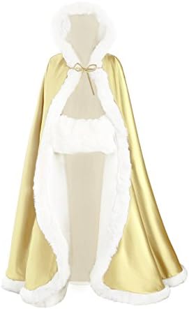 Wedding Cape Hooded Cloak for Bride Winter Reversible with Fur Trim Free Hand Muff Full Length 55'' Champagne