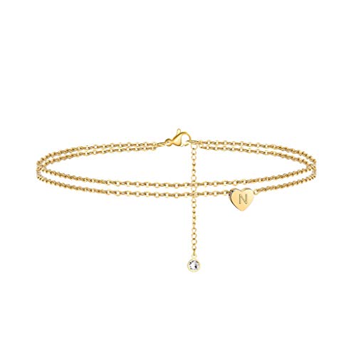 Turandoss Double Layered Ankle Bracelets for Women, 14K Gold Filled Layered Initial Ankle Bracelets for Women Anklet with Initials N